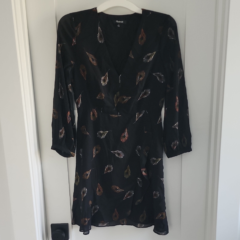 Madewell Floral Black Dress With Faux Ruffle Wrap
